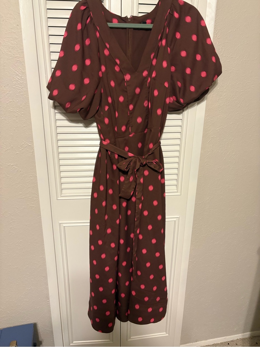 Ann Taylor Brown Midi Dress with Pink Polka Dots
